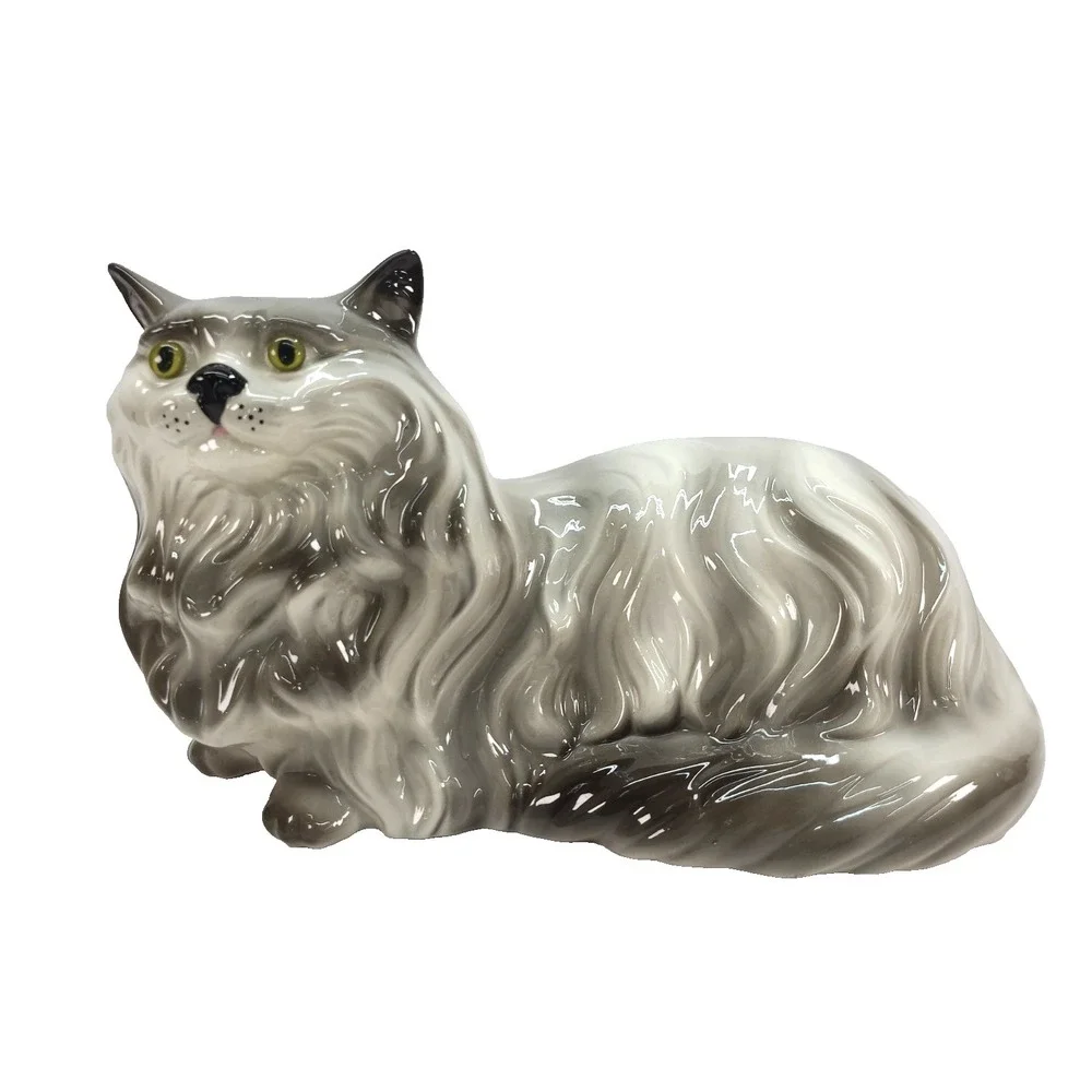 Vintage Large Ceramic Cat Grey Persian MCM Glossy Glaze Finish 17